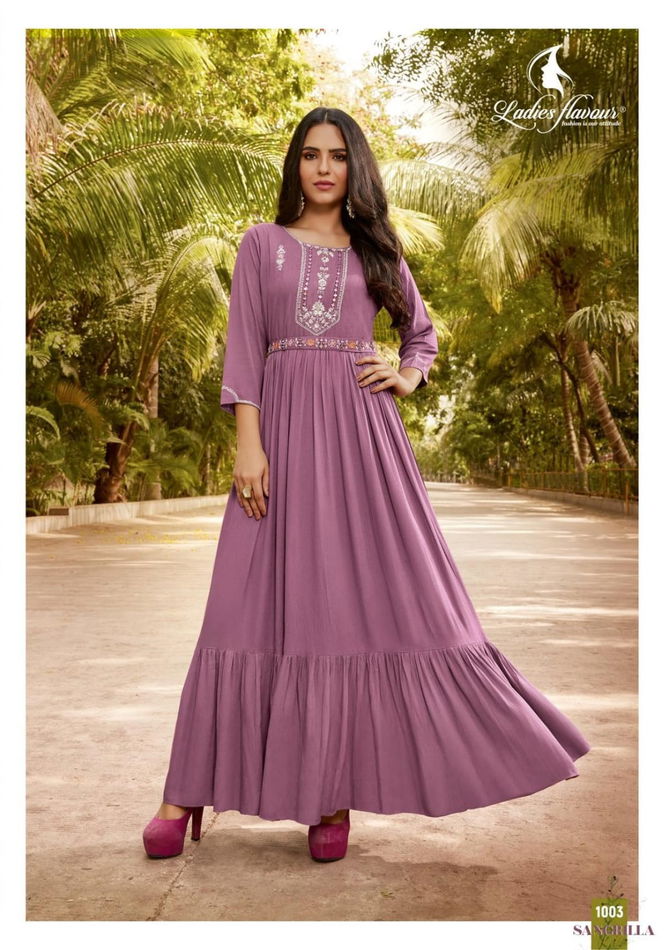 Sangrilla By Ladies Flavour Embroidery Long Party Wear Kurtis Catalog